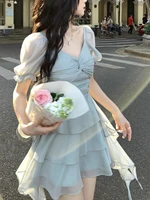 sweet elegant fairy dress 2022 summer puff sleeves high waist slim young girls mini dress kawaii clothing short party dress