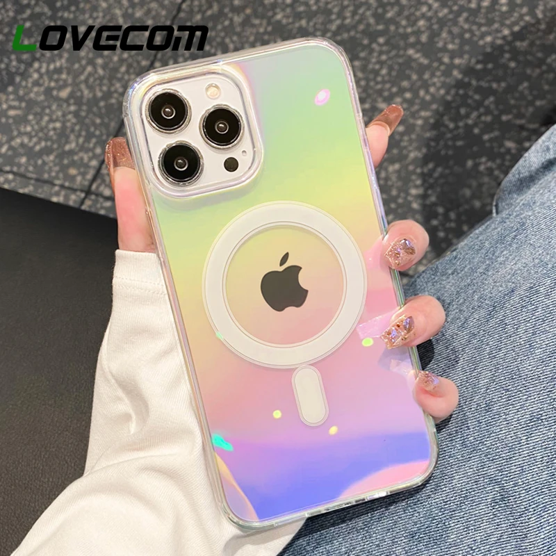 

Роскошный Магнитный зарядный чехол для телефона Magsafe для iPhone 14 Pro 13 12 11 Pro Max Голографический лазерный противоударный прозрачный мягкий чехол