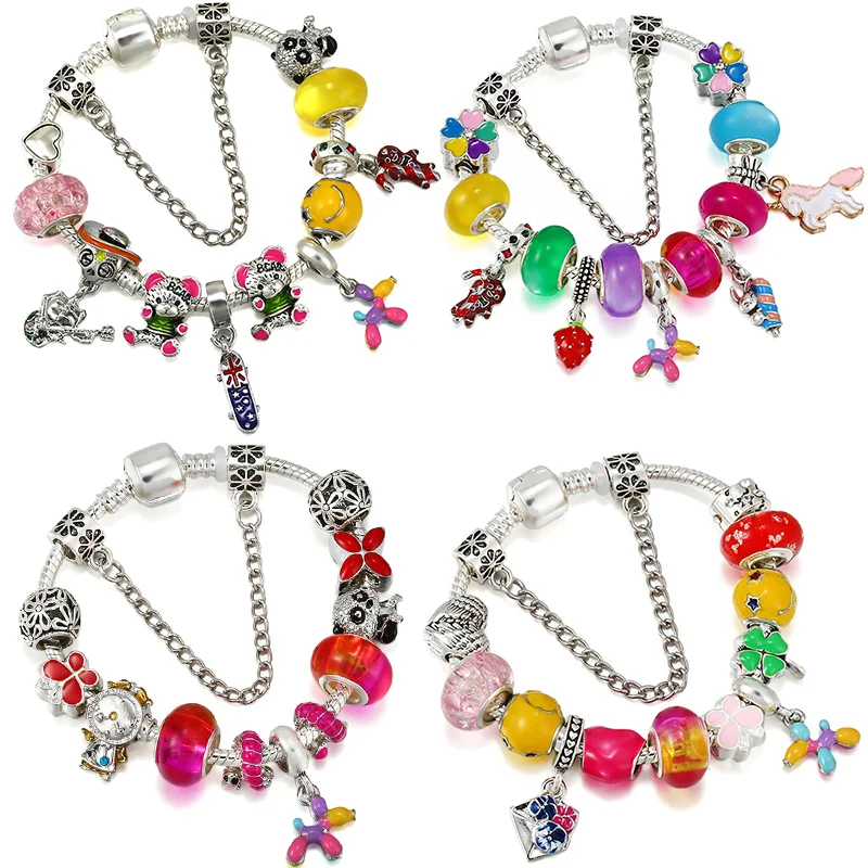 Colorful Enamel Balloon Dog Pendant Pulsera Women Colors Bear Heart Clover Butterfly Charms Bracelet Men Red Glass Beads Jewelry