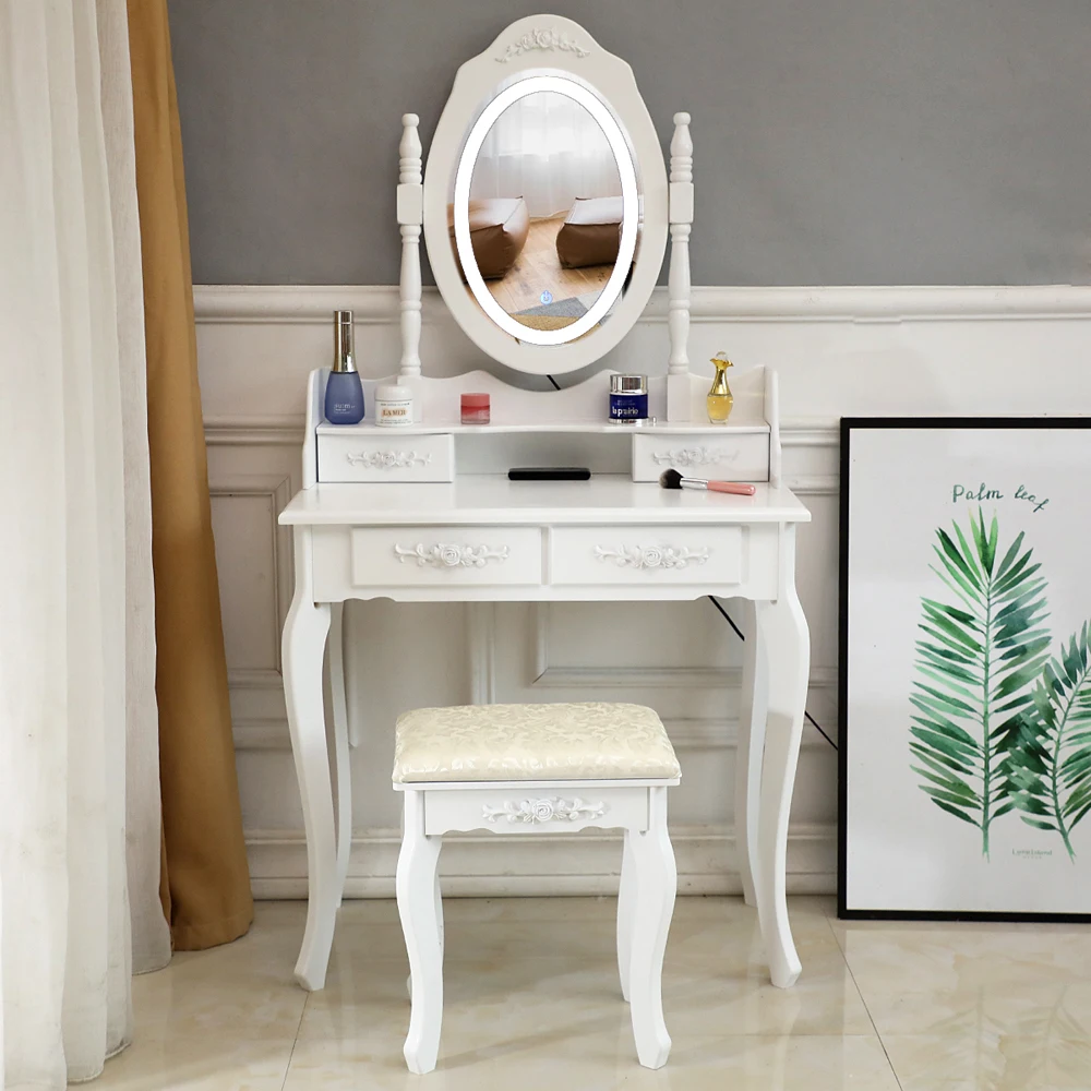 

FCH LED Single Mirror 4 Drawer Dressers Vanity Table Makeup Table White 75 x 40 x 142.5cm