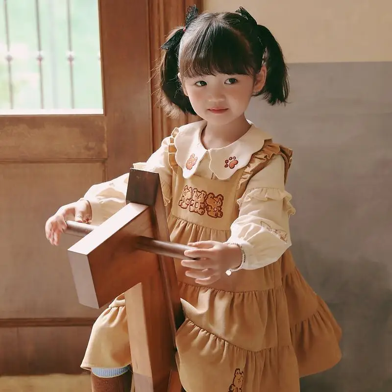 

Детская весенняя одежда, костюм для девочек, Новое поступление, Симпатичная хлопковая рубашка с длинным рукавом и вышивкой + вельветовое пл...