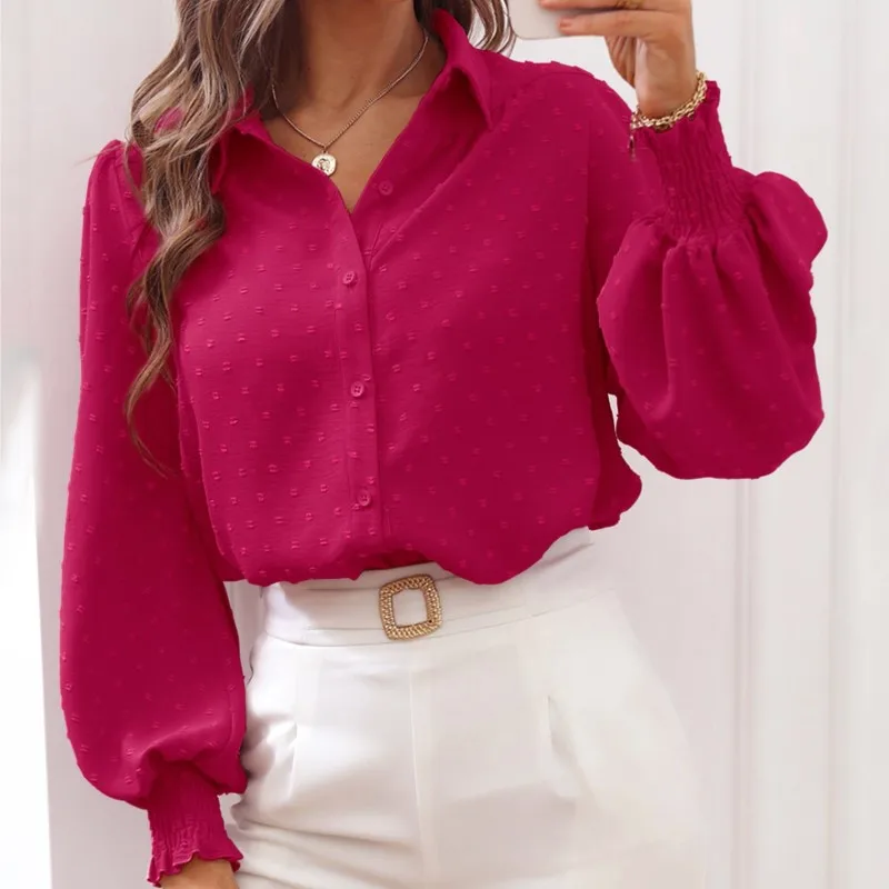

Elegant Women's Autumn And Winter New Polo Neck Lantern Sleeve Pink Loose Blouse Fashion Long Sleeve Button Office Shirt Blouse