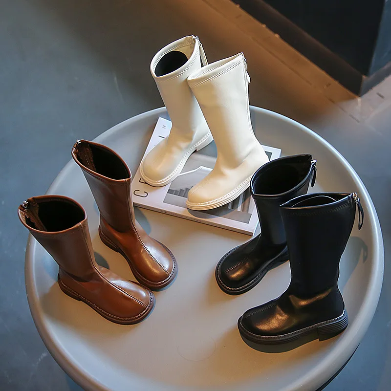 

Winter Girls' Long Sleeve Anti slip Leather Surface Casual Warm Single Boot Children's Solid Color Waterproof Snow Riding Boots