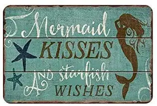 

Metal Tin Sign Vintage Chic Art Decoration Mermaid Kisses and Starfish Wishes for Home Bar Cafe Farm Store Garage or Club 12&quo