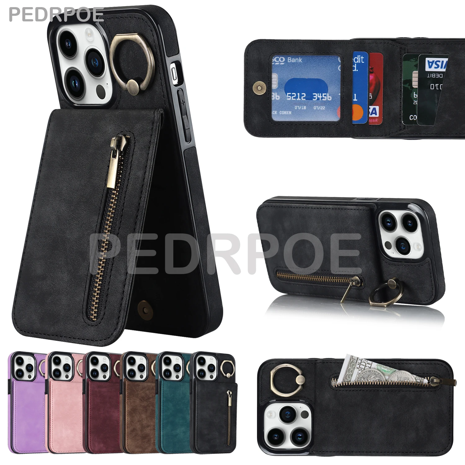 

Leather Case Protect Cover For iPhone 14 Promax 13Pro 12 Mini 11 Pro Max X XR XS 7 8 Plus Luxury wallet Bracket Zipper Card Bag
