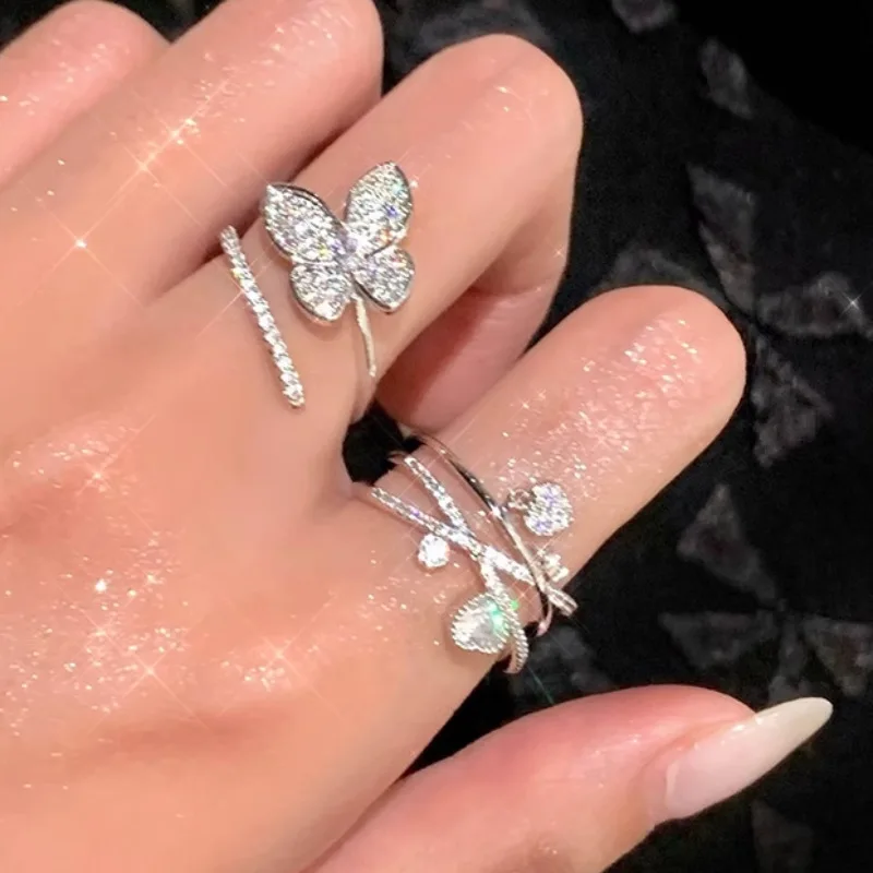 

New Fashion Silver Color Open Finger Ring Butterfly Dazzling Heart Clear CZ For Women Girl Jewelry Gift Dropship Wholesale