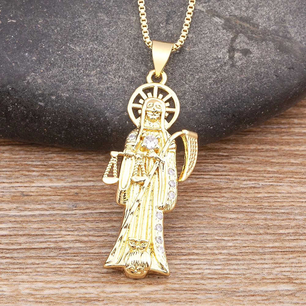 

AIBEF Punk Style Copper Zircon Grim Reaper Pendant Necklace Vintage Party Gift Gold Chain Collar Men Women Jewelry Accessories