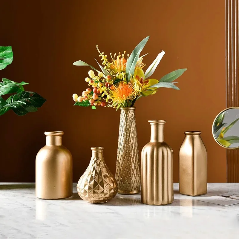 Nordic Golden Glass Vase Gold Flower Vase Home Tabletop Ornaments Home Wedding Flowerpot Dried Vases Arrangement Decorative