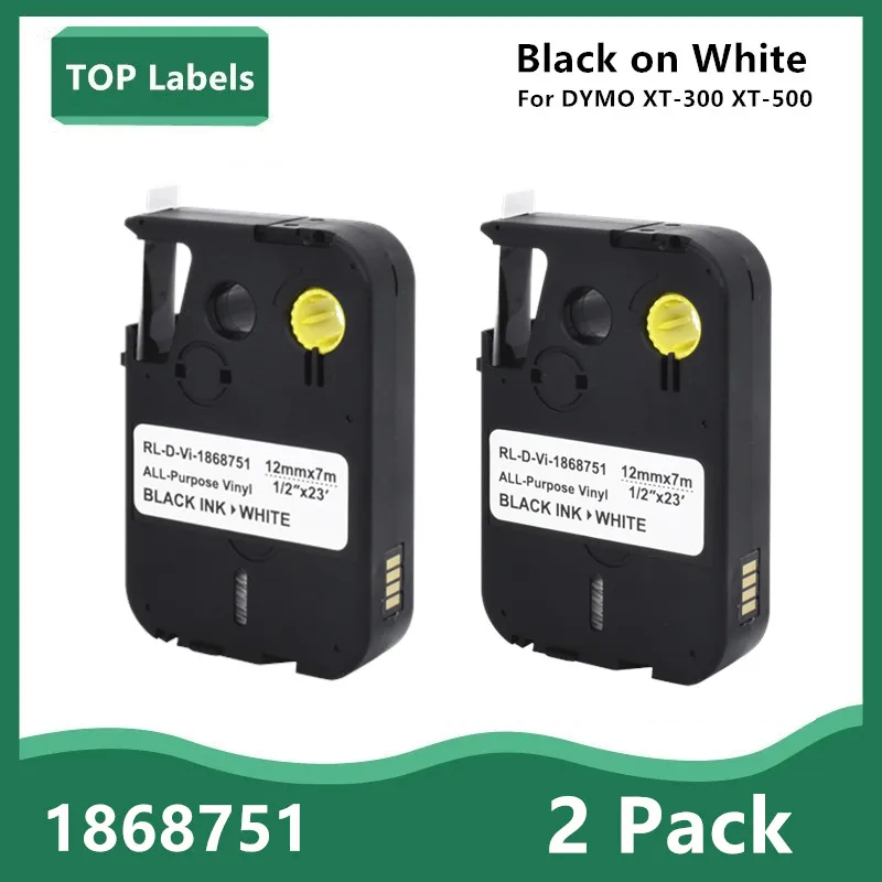 

1~2PK 12mm*7m Compatible1868751 Black on White All-Purpose Vinyl Labels for DYMO XTL XTL-300 XTL-500 Label Makers XTL300 XTL500