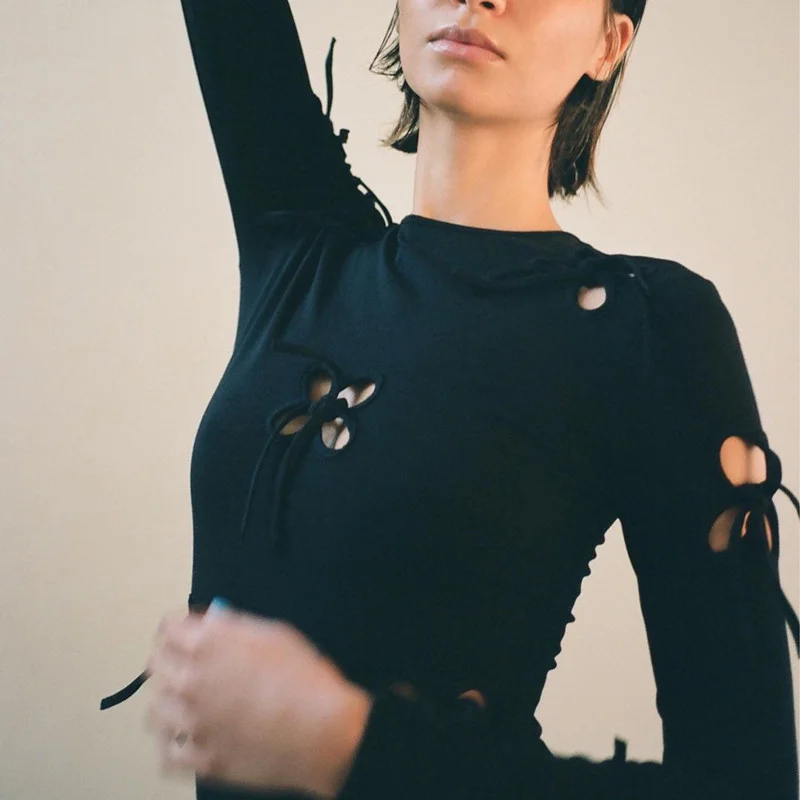 

Vintage E-girl Hollow Out O-neck Black Crop Tops Gothic Tees Punk Y2K Top Aesthetics Butterfly Bandage Long Sleeve T-shirts