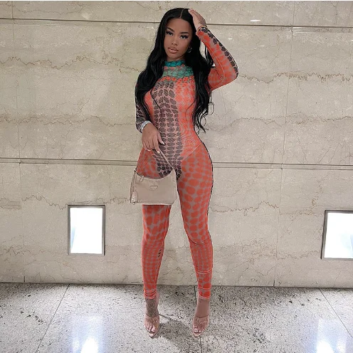 

Women's new snake print screen perspective round neck long sleeve one-piece trousers in autumn and winter 2022