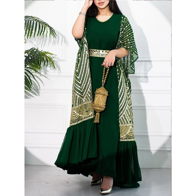 

Plus Size 2 Piece Set Women Fashion 3XL Plus Ethnic Embroidery Matching Sets Cloak Outfits Long Dresses with Belt Female Sets