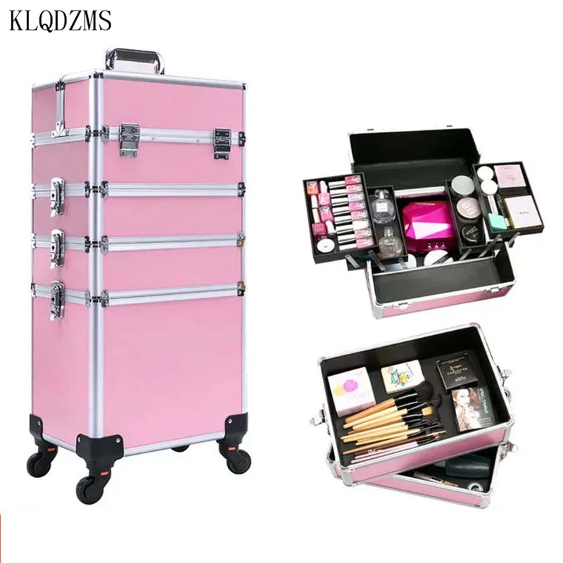 KLQDZMS New Women's Large-capacity Trolley Suitcase Fashion Beautician Makeup Bag Removable with Wheel Roller Hand Luggage