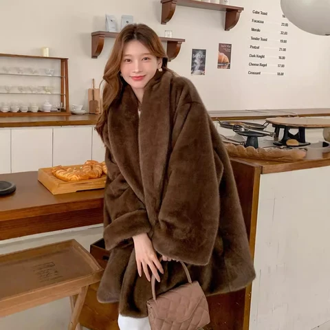 Женское теплое меховое пальто с толстым отложным воротником, свободное пальто миди длиной кофейного цвета, топы для женщин Casaco Feminino