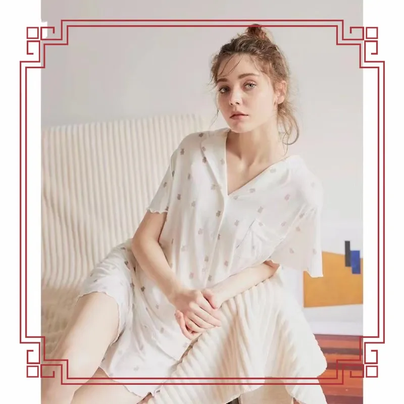 Pajamas for Women Thin Cool Feeling Silk Cotton Short-sleeve Shorts Sleepwear Suit Fairy Style Cardigan Loungewear with Lapel