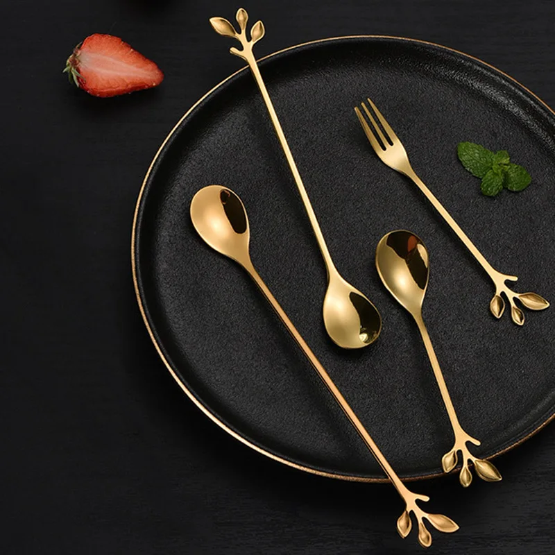 

Fashion Personality Stainless Steel Teaspoon Branch Leaves Spoon Stirring Spoon Coffee Scoop Dessert Ice Cream Spoons Tableware