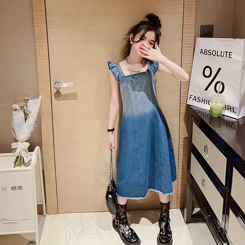 

Girls Denim Dress Summer Young Children Princess Dresses Gradient Suspenders Long Dress Streetwear Teen Kids Clothes 13 14 Years