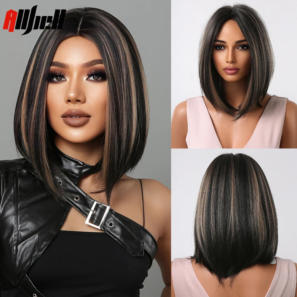 

Short Bob Black Synthetic Wigs Hair Golden Brown Mixed Middle Part Wigs for Black Women Daily Cosplay Heat Resistant Fiber Wig