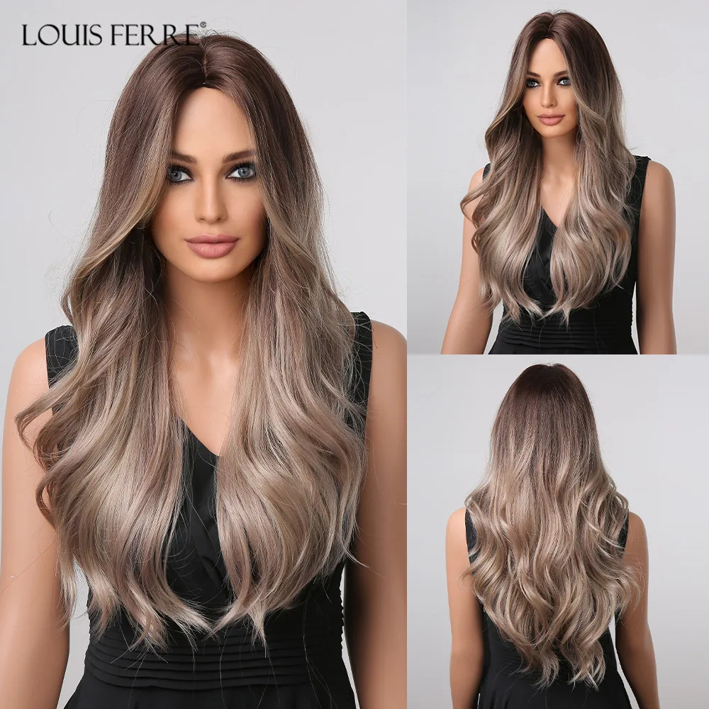 

LOUIS FERRE Long Brown Water Wave Synthetic Wig Ombre Light Brown Wigs for Black Women Afro Natural Fluffy Heat Resistant Fibre