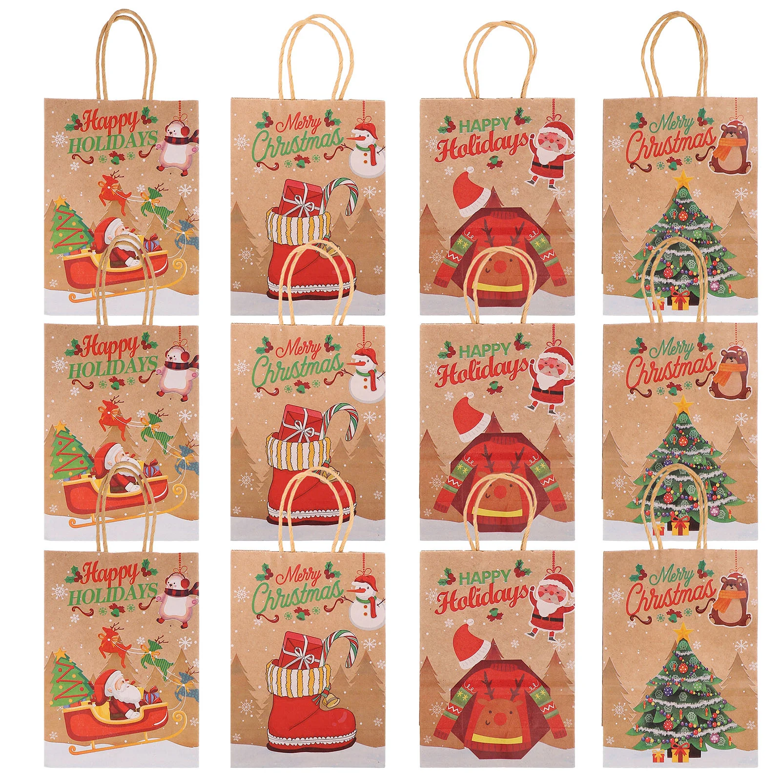 

12pcs Christmas Gift Wrapping Bags Xmas Party Goodie Bags Handheld Paper Present Packing Bags