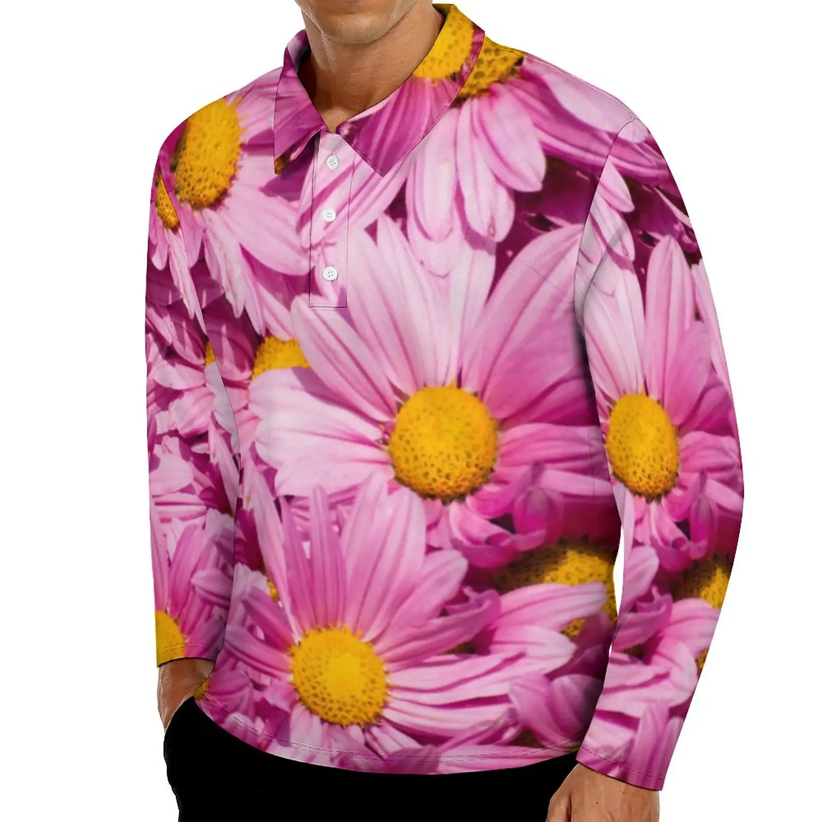 

Рубашка-поло женская с длинным рукавом и принтом ромашки