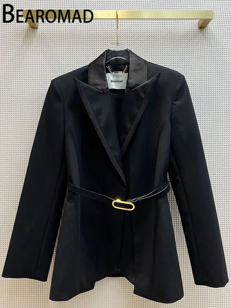 

Bearomad Runway Spring And Autumn Black Jacket Coat Women's Turn-down Collar Sashes Fashion Dignified Gathered Waist Slim Jacket