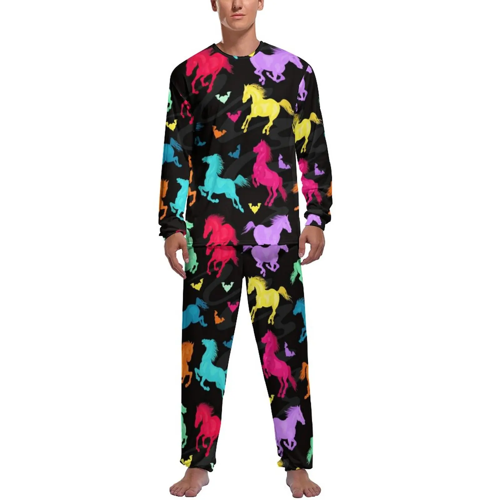 Colorful Running Horse Pajamas Autumn Cute Animal Print Casual Sleepwear Man 2 Piece Graphic Long-Sleeve Warm Pajamas Set