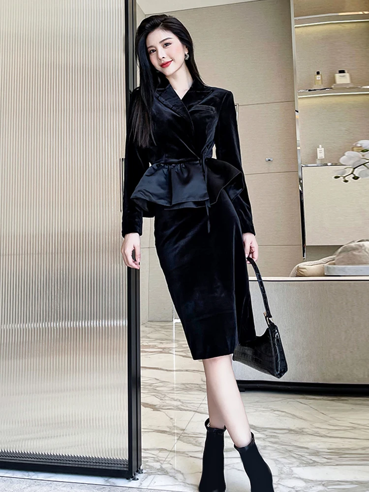 

Fashiona Elegant Spring Autumn New Women's Suit Black Jacket Tops Slim Skirt Celebrity Party Designer High Quality Velvet Set