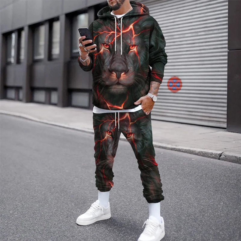 Autumn Animals 3D Print Fleece Jogging Sweatshirts Oversized Streetwear Tracksuit S-6XL Winter Men Hooded Sweatshirt Suit