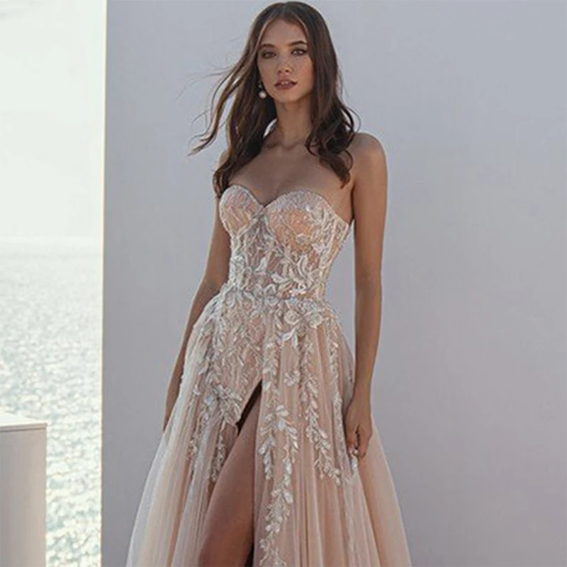 

2022 свадебное платье на молнии сзади, сексуальное платье без рукавов с высоким разрезом сбоку, Тюлевое платье для невесты со шлейфом, женское...
