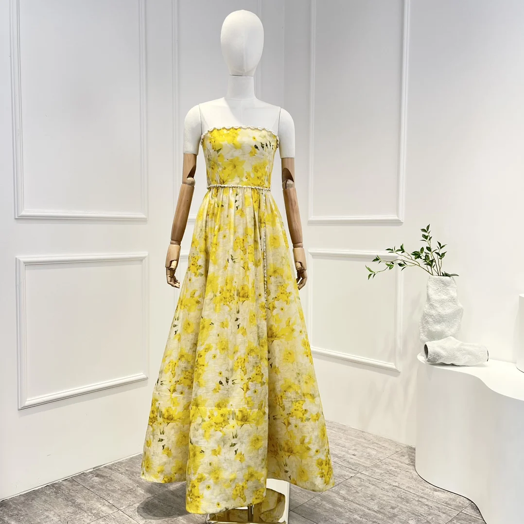 

2023 Spring New Collect Beach Styles Linen Silk Natural Shell Beading Yellow Floral Printing Strapless Midi Dresses Lady