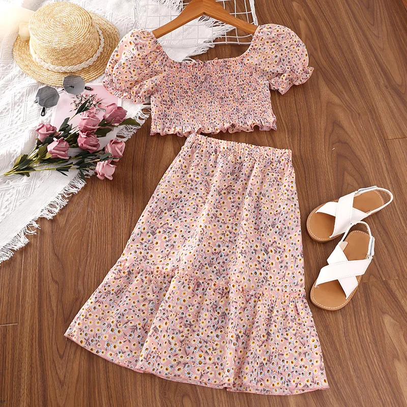 

HE Hello Enjoy Girls Clothing Set 2022 Summer Children's Clothing Floral Top + Long Skirt Two-piece Children's Clothing