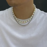 sindlan 2pcs punk silver color chain pearl necklace for men vintage crystal geometric set kpop couple emo jewelry collar hombre
