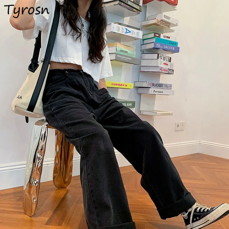 

Женские джинсы универсальные с высокой талией в Корейском стиле Harajuku уличная одежда Свободные Студенческие однотонные простые широкие брюки Повседневная одежда