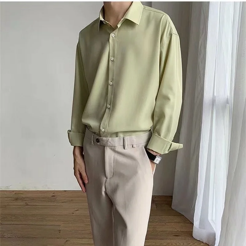 

Korean Clothes High-quality Mint Green Silk Shirt for Men Long Sleeve Solid Color Casual Loose Niche Light Luxury Drape Shirt