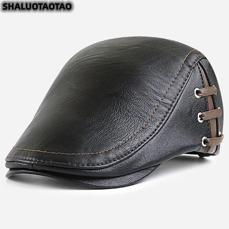 

2022 New Berets Fashion Men's Leather Hat Snapback Peaked Cap Middle Aged Keep Warm Autumn Winter Caps Casquette