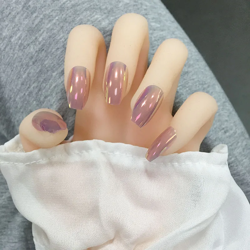 

24pcs Splendid Aurora Wearable Long Square Head Mermaid kyi Pink Mirror Magic Color Detachable Fake Nails Beauty Tools NN