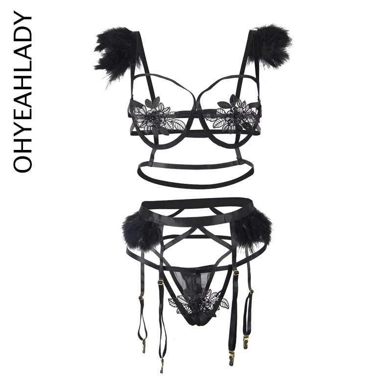 

Ohyeahlady перо чувственное нижнее белье сексуальный прозрачный комплект из 3 частей бюстгальтер женское Бандажное белье сексуальный комплект ...