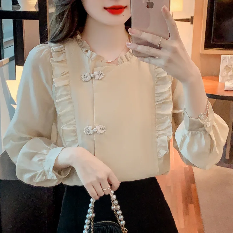 

Women's Shirts Summer 2023 New Chinoiserie Blouses Loose Long Sleeve Ruffle Top O-Neck Fashion Clothing YCMYUNYAN