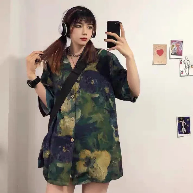 

Vintage Women flower Shirts summer short Sleeve Tie Dye Harajuku Button Up Blouses Tops Femme Korean Loose Casual Hawaiian Shirt