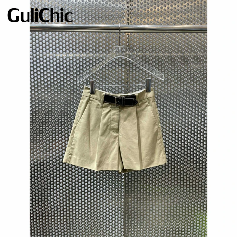 

7.19 GuliChic Women Vintage Casual Belt Solid Color High Waist Shorts