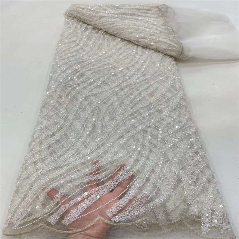 

White Groom Lace Fabric 2022 High Quality African Lace Fabric With Beads Sequins Nigerian Wedding Lace Fabrics For Dress r75-19