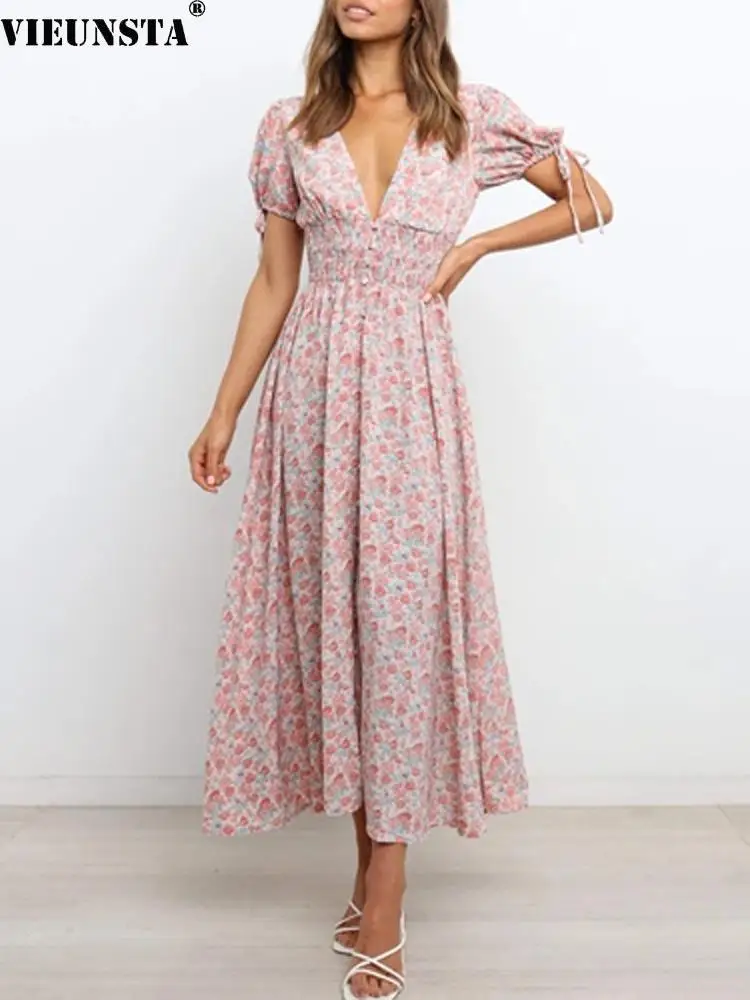 

Женское однобортное платье на пуговицах, длинное пикантное праздничное платье с глубоким V-образным вырезом и драпировкой, летнее пляжное п...