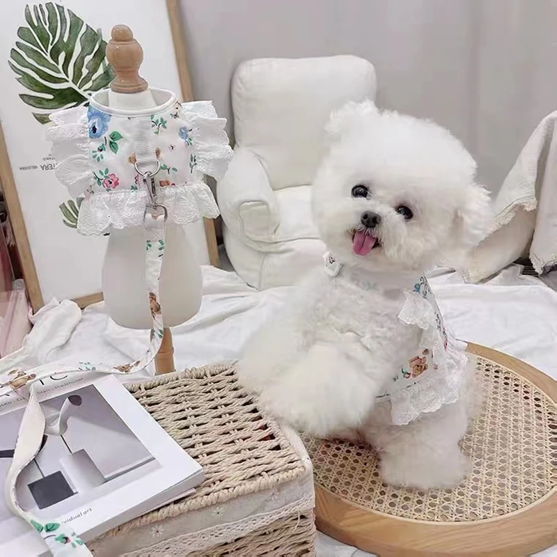 

Воздухопроницаемая шлейка для собак и кошек, комплект со свинцовым поводком, кружевная шлейка для домашних животных с цветочным рисунком, п...