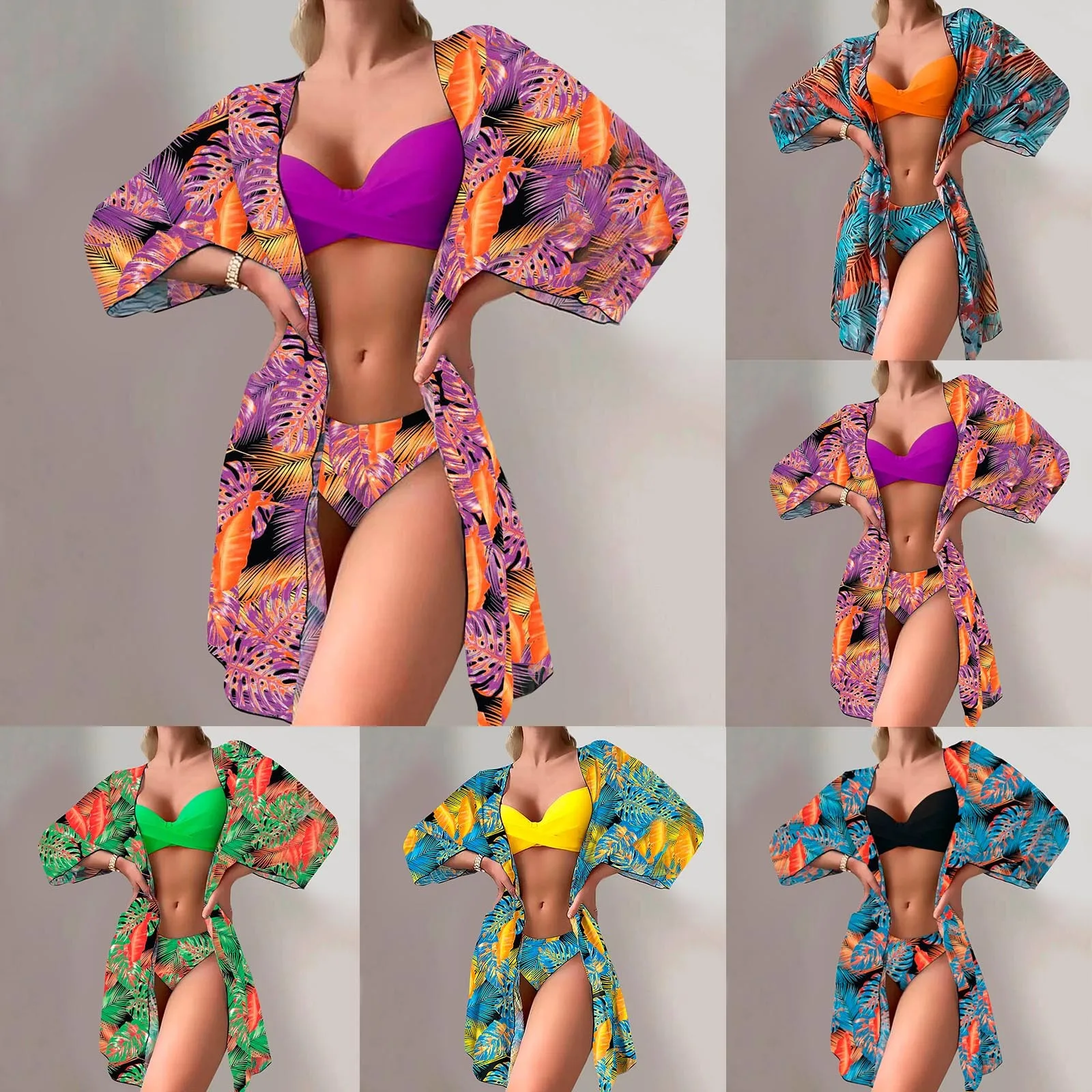 

Женские бикини со средней талией 2023, сексуальный комплект бикини из 3 предметов, накидка, купальный костюм для женщин, с длинным рукавом, женские шорты для плавания пуш-ап, маленькие