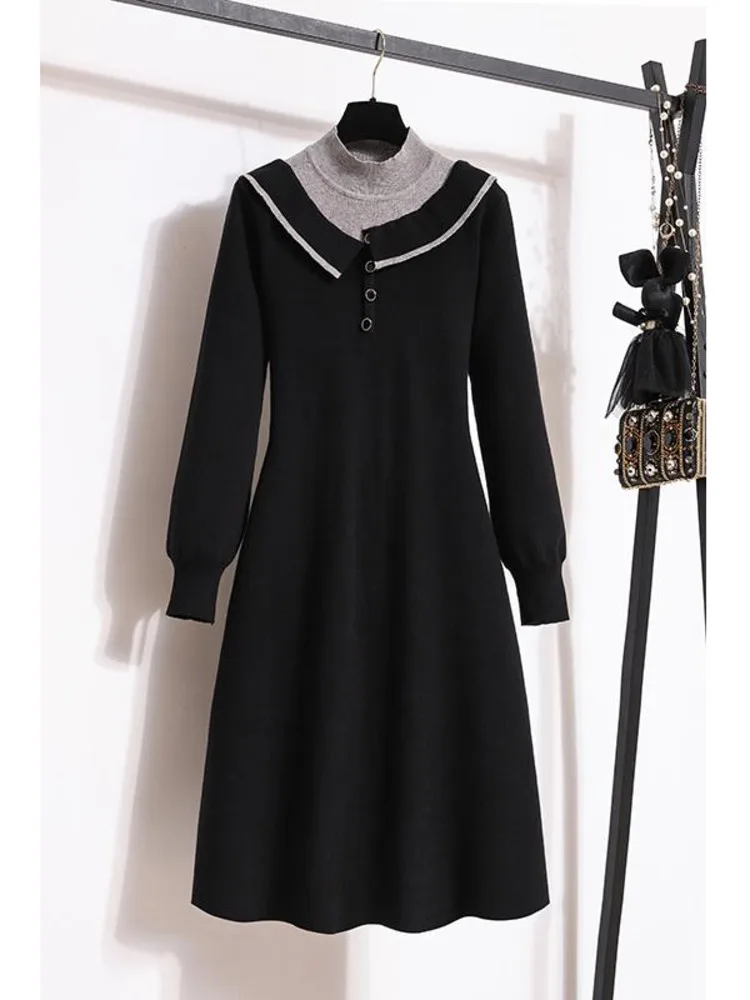 

Autumn Winter Knitted Sweater Dress For Women High Quality Temperament Patchwork Knitting Dresses For Women Warm Clothing 2023