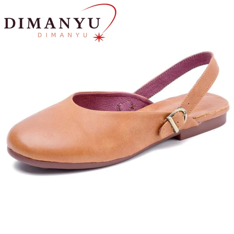 

Women Summer Shoes Genuine Leather 2022 New Retro Flat Closed Natural Skin Shallow Mouth Outer Wear Slippers Women