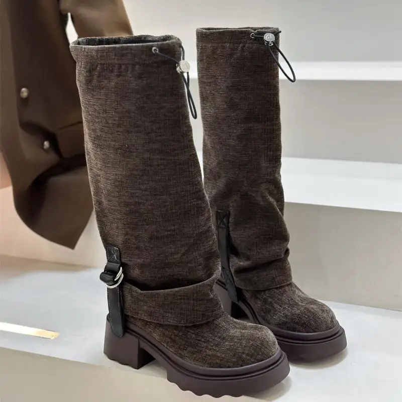 Высокие эластичные брюки-трубочки осень 2024 новые модные рыцарские сапоги до