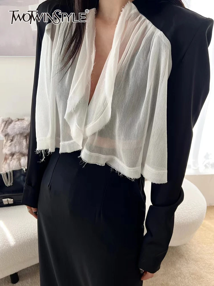 

TWOTWINSTYLE Patchwork Mesh Coats For Women Round Neck Long Sleeve Loose Hit Color Sun Protection Coat Female Fashion Clothing