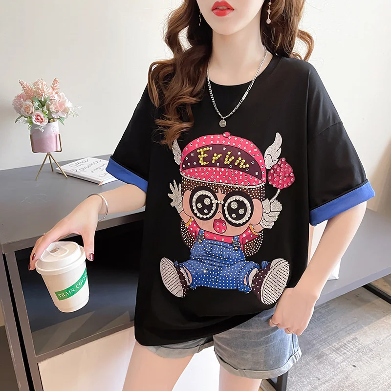 

#0882 Black White Cute Funny T Shirt Women Short Sleeve Cotton Summer Cartoon Diamonds Womens Tee Shirts Loose T Shirt Femme